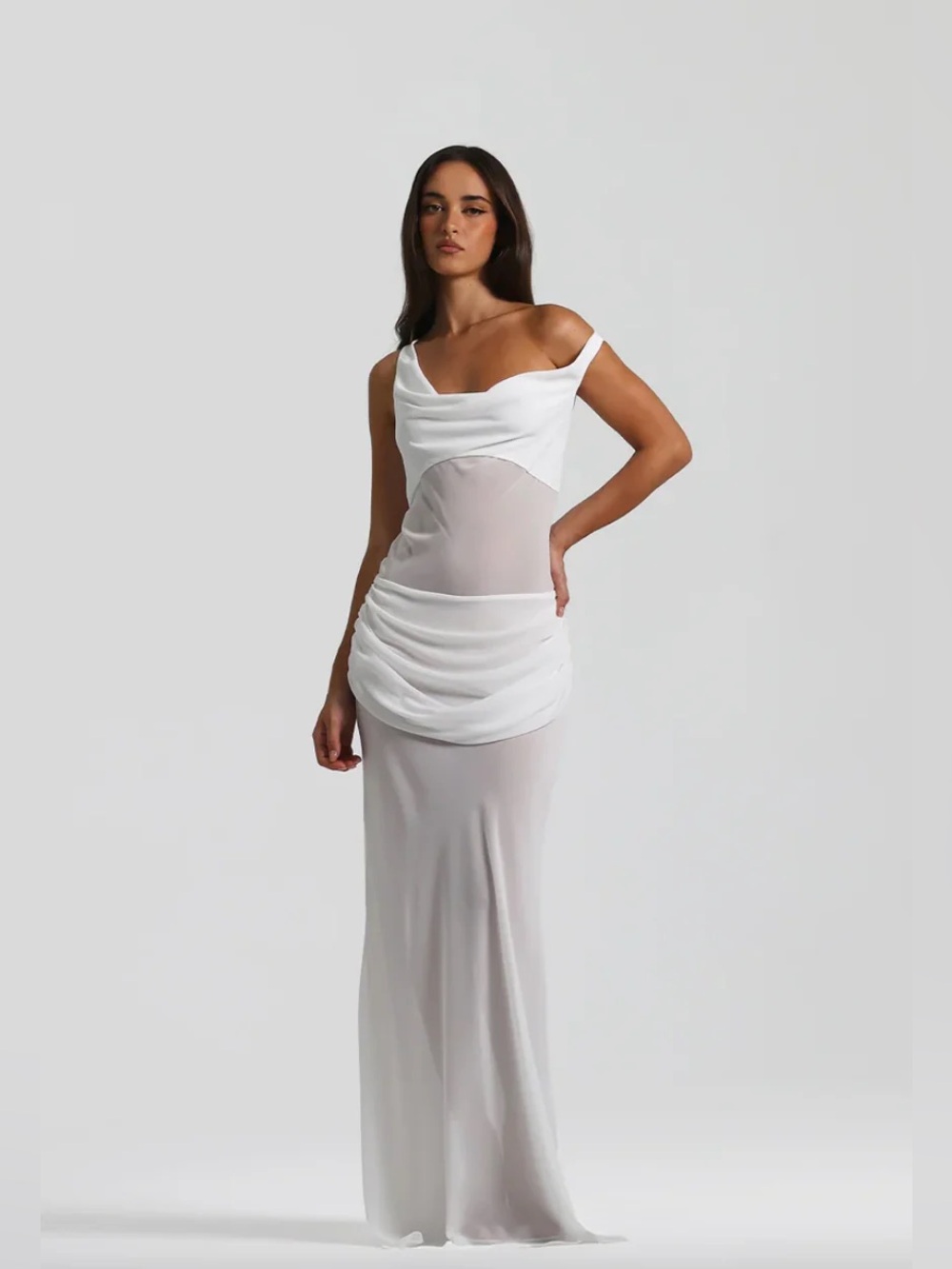 Natalie Rolt White Cowl Neck Draped Maxi Dress Size 1 AU / US S